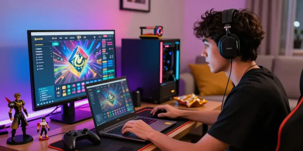 Exciting online gaming scene with player engaging on lotus365 platform amid vibrant decor.