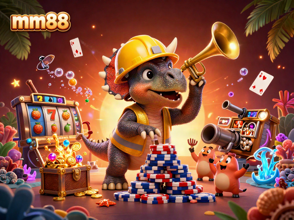 mm88 themed 3D cartoon illustration of a triceratops building poker chips, celebrating with friends