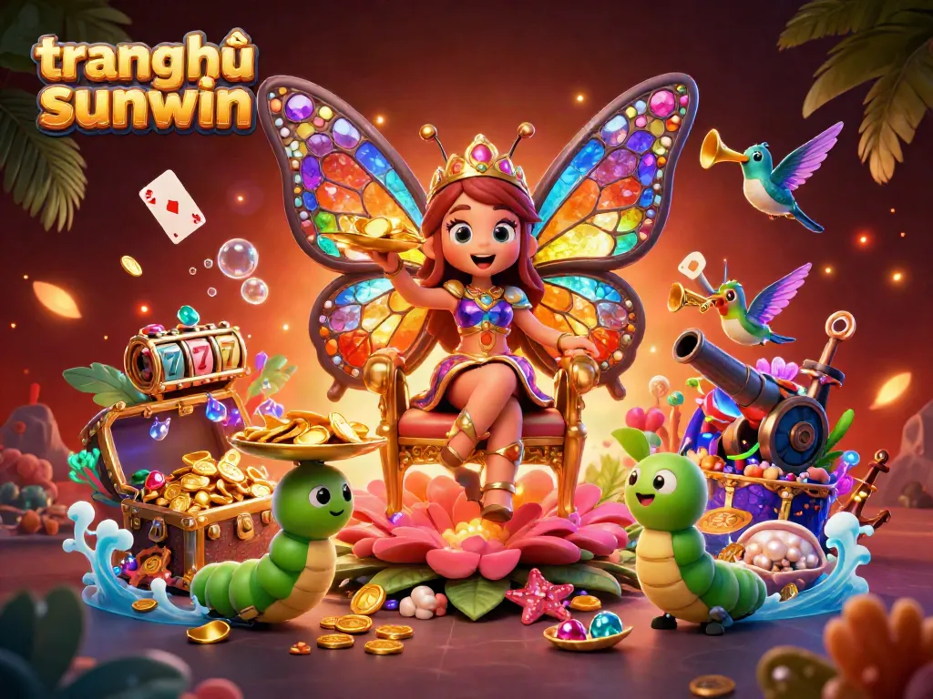 Play games like slots and lotteries at trang chủ sunwin with a vibrant casino scene featuring a butterfly queen and treasures.