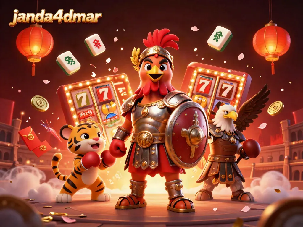 Janda4dmar menampilkan ayam jantan prajurit dengan slot dan simbol keberuntungan dalam ilustrasi menakjubkan.