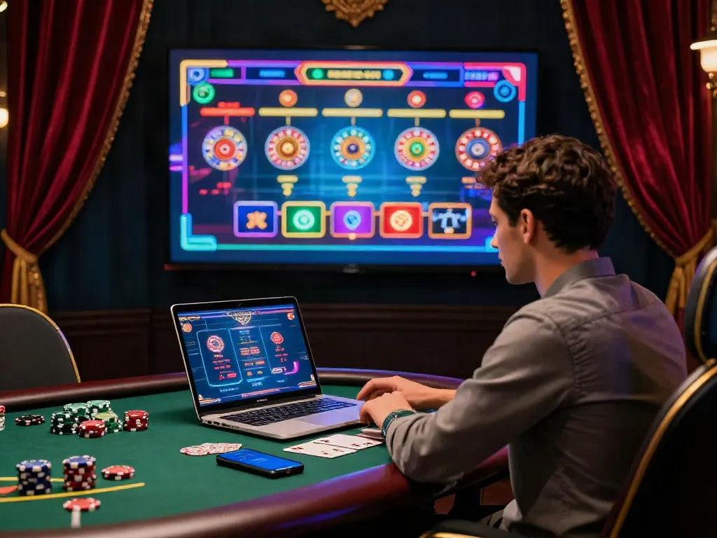 Engaging usa online casinos scene with a player at a luxurious virtual gaming table.