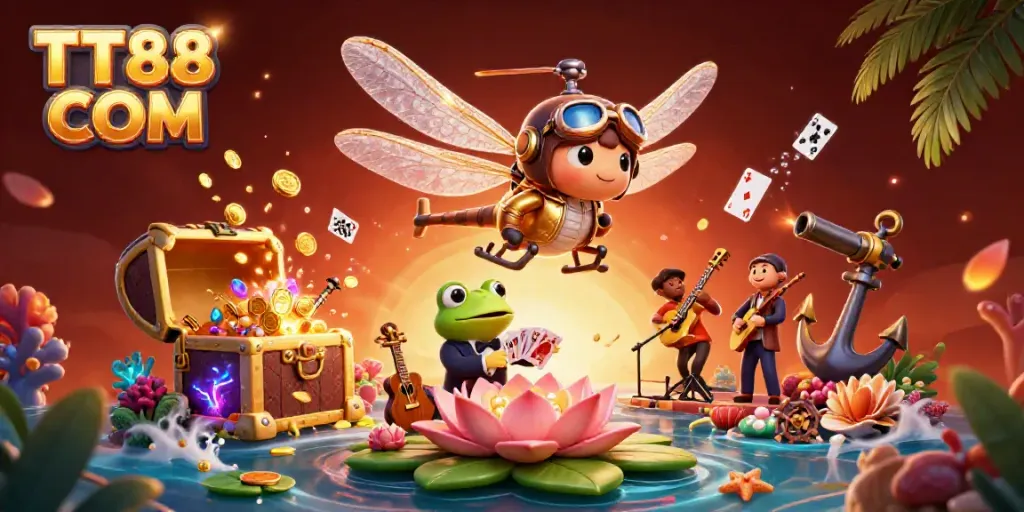 Experience the excitement of TT88 COM with a vibrant casino scene featuring a helicopter dragonfly and frog croupier.