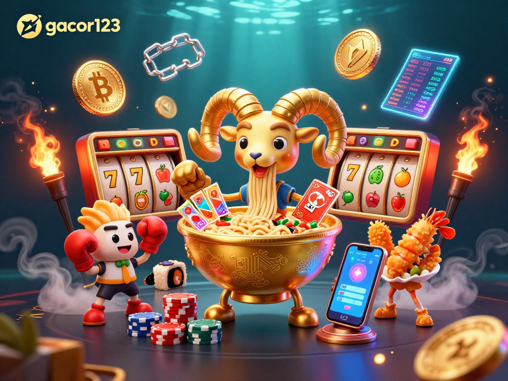 Experience the thrill of gacor123 with vibrant slots and casino characters in a dynamic scene.