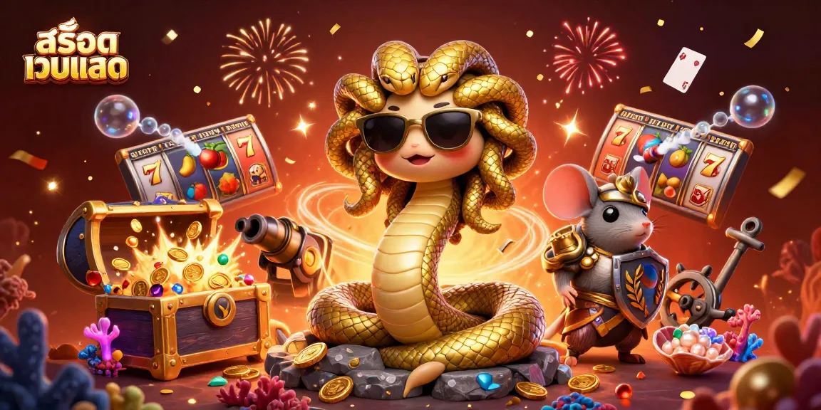 Engage with exciting สล็อตเว็บตรง slots through our vibrant 3D casino illustration featuring Medusa and a warrior mouse.