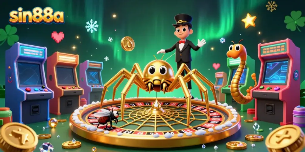 Place bets at sin88a with a golden spider, a fly, and a centipede in a dynamic casino scene