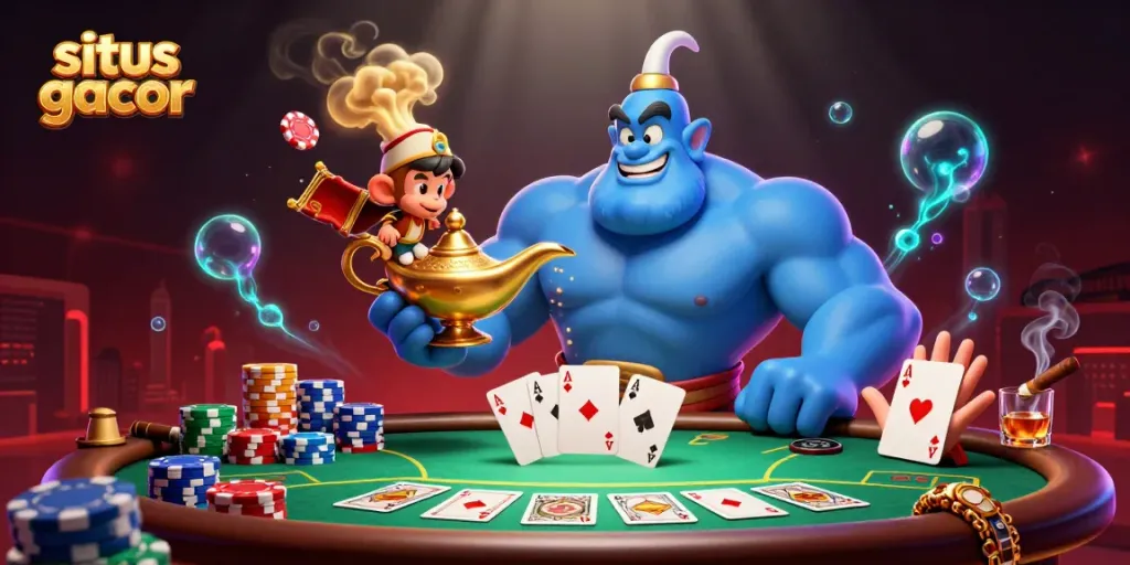 Pengganda kemenangan di situs gacor dengan jin biru dan kartu poker.
