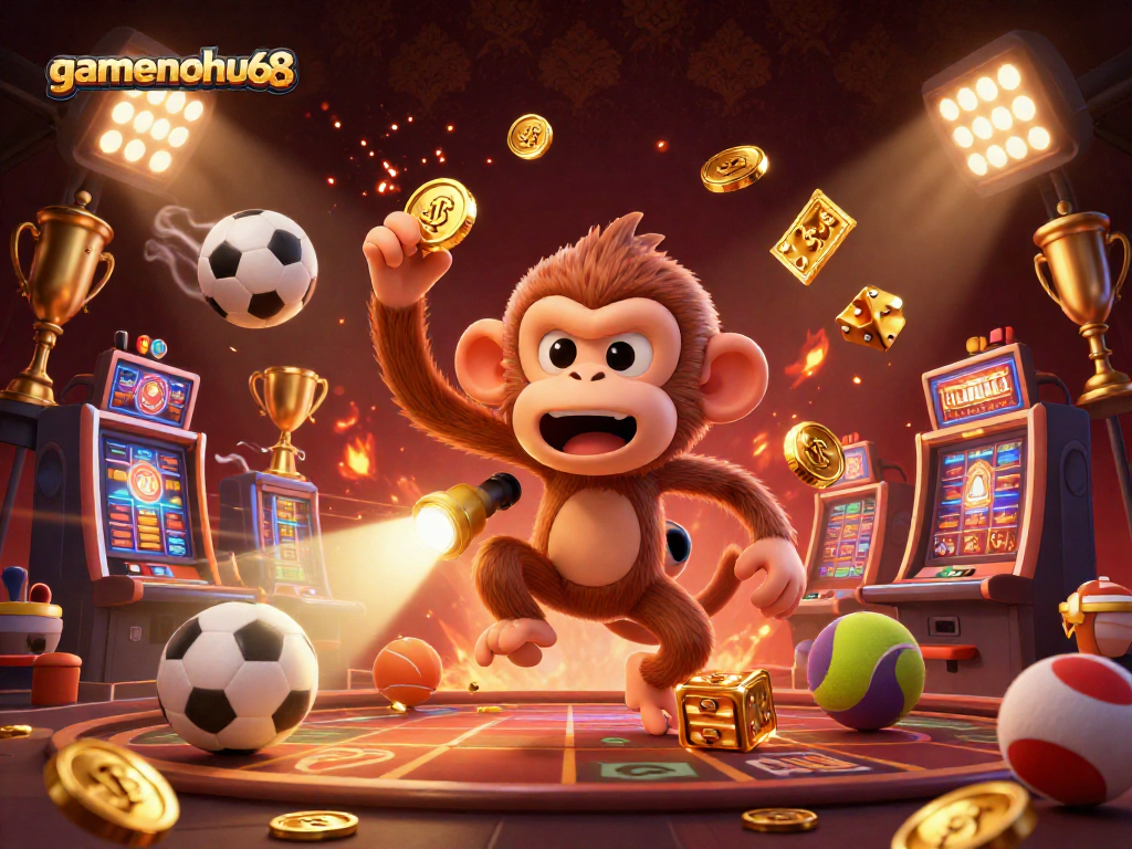Engage in thrilling gaming with gamenohu68's dynamic casino scene featuring a playful monkey and a puppy.