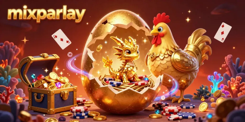 Engage in thrilling mixparlay betting with a dazzling illustration of a golden dragon, poker chips, and casino elements.