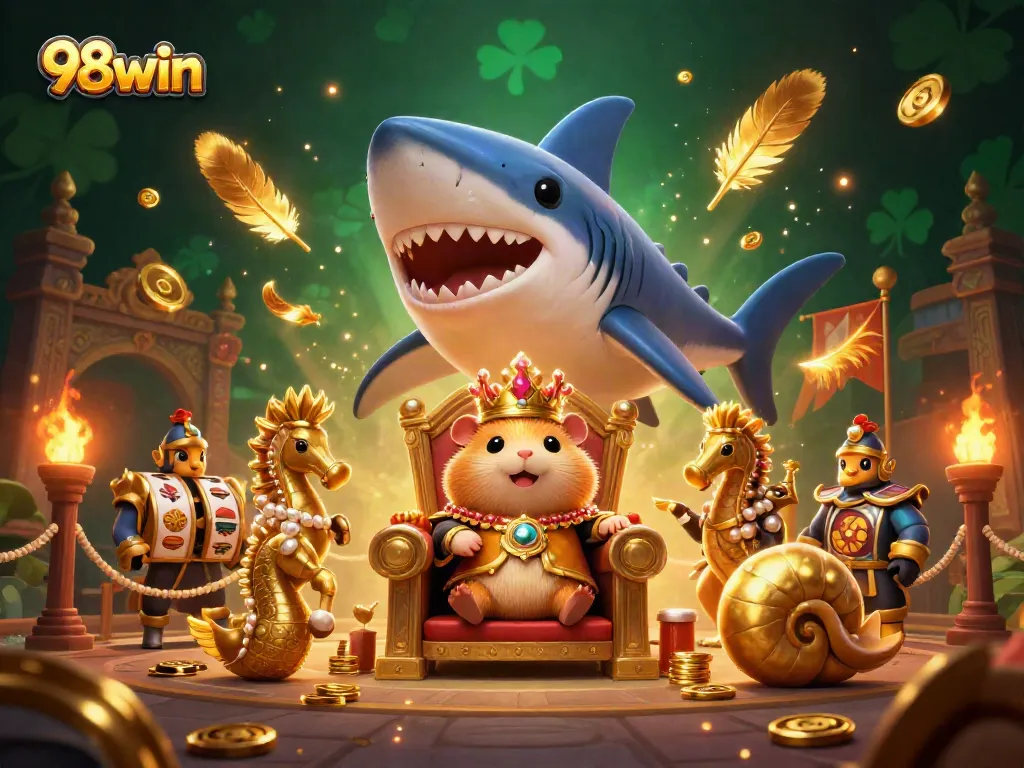 Experience the excitement of 98win as the golden hamster king reigns over a vibrant casino scene.