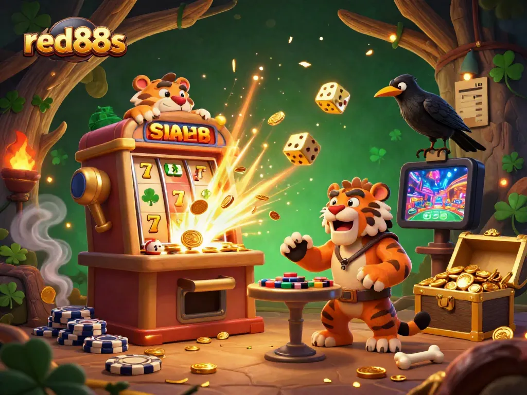 Experience thrilling gameplay with red88s, showcasing a vibrant prehistoric casino scene filled with exciting gaming elements.