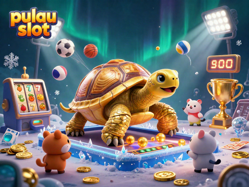 Play exciting pulau slot games with a golden tortoise and vibrant 3D elements surrounding thrilled animals.