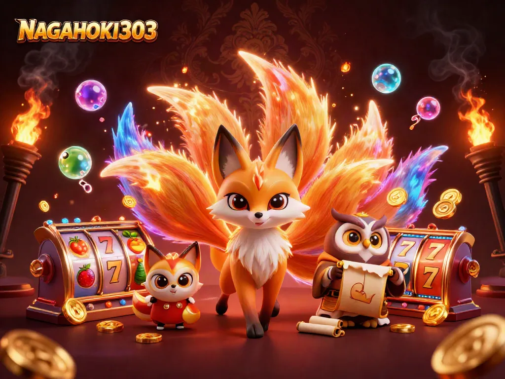 Slot permainan NAGAHOKI303 dengan karakter berbentuk rubah serta simbol keberuntungan yang bersinar.