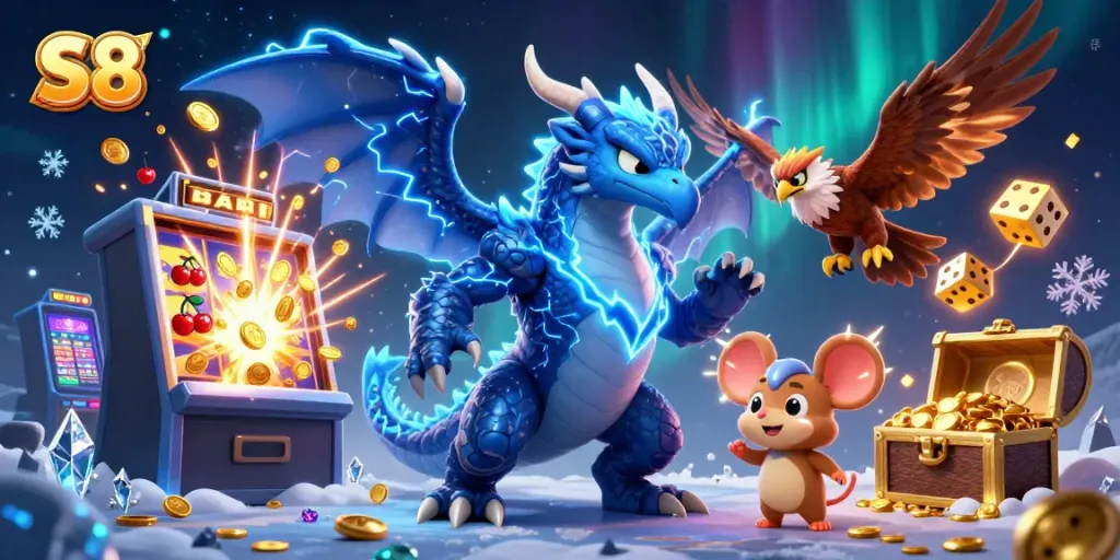 Experience the thrilling S8 casino with dynamic characters and jackpot explosions in this vibrant illustration.
