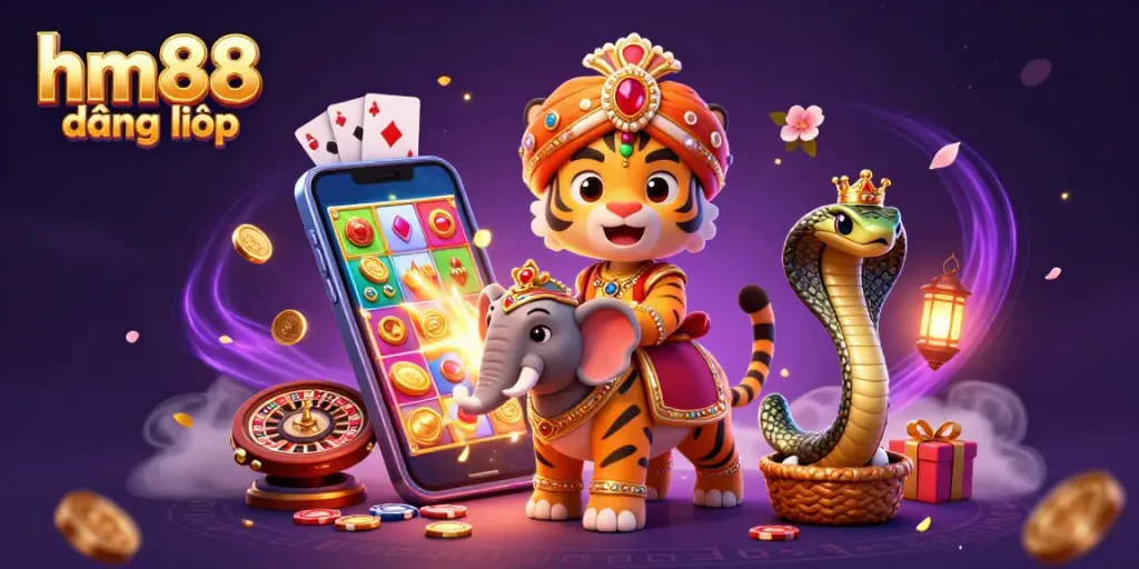 Experience the excitement of hm88 đăng nhập with a vibrant casino scene featuring a majestic maharaja, elephant, and thrilling gaming elements.