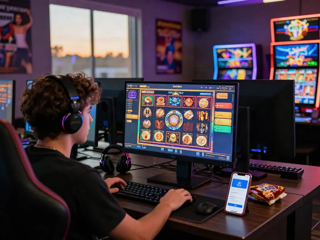 Engaging scene of a player immersed in online slots gaming with colorful graphics and e-wallet access.