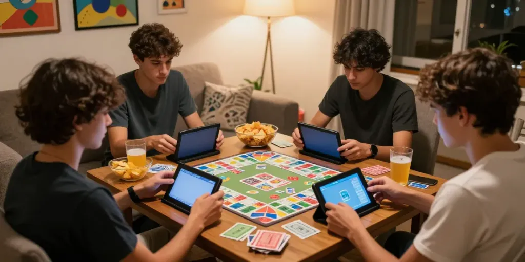 Friends enjoying Rumble Rummy on smartphones in cozy home setting.