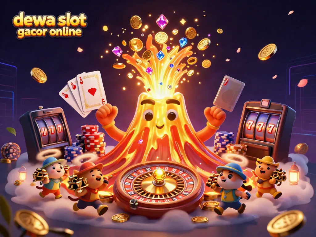 Taruhan dan kemenangan dalam permainan dewa slot gacor online dengan ratusan koin berkilau dan karakter lucu.
