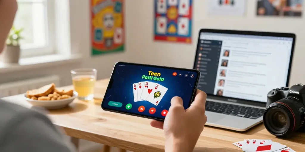 Engaging gaming experience on Teen Patti Gold app, showcasing cards and a cozy setting while players get apk easily.