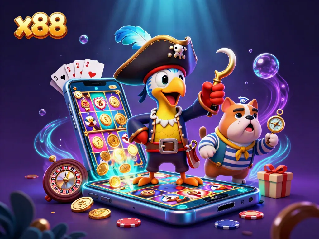 x88 captivates players with immersive slot reels and cartoon pirates in a dynamic casino adventure.