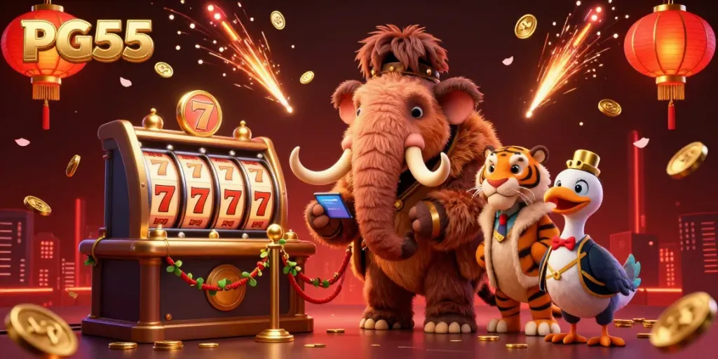 Experience thrilling PG55 wins with a woolly mammoth bouncer and slots in a vibrant casino scene.