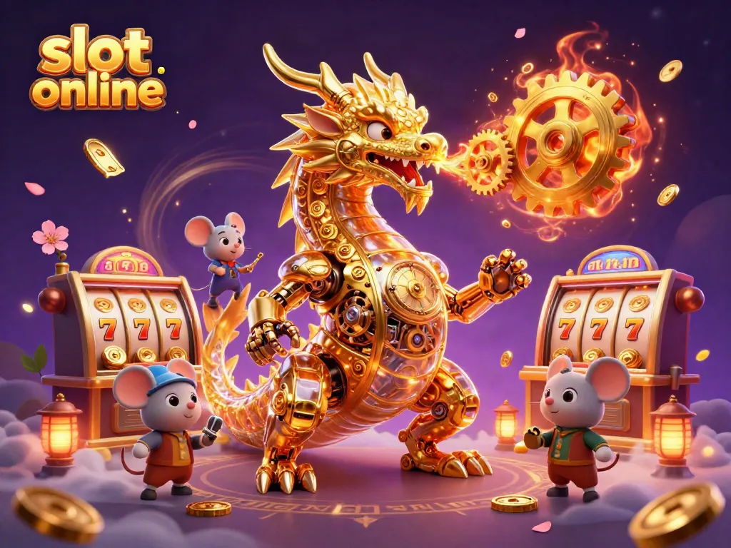 Menangkan slot online dengan ilustrasi naga emas mekanis dan elemen permainan yang menarik.