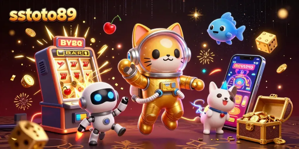 Gambarkan sstoto89 dengan kucing astronot, anjing robot, dan ikan alien di mesin slot berlapis emas.