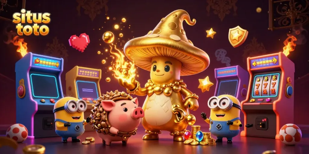 Experience situs toto with vibrant, magical 3D characters in a lively casino scene filled with treasures and gaming elements.