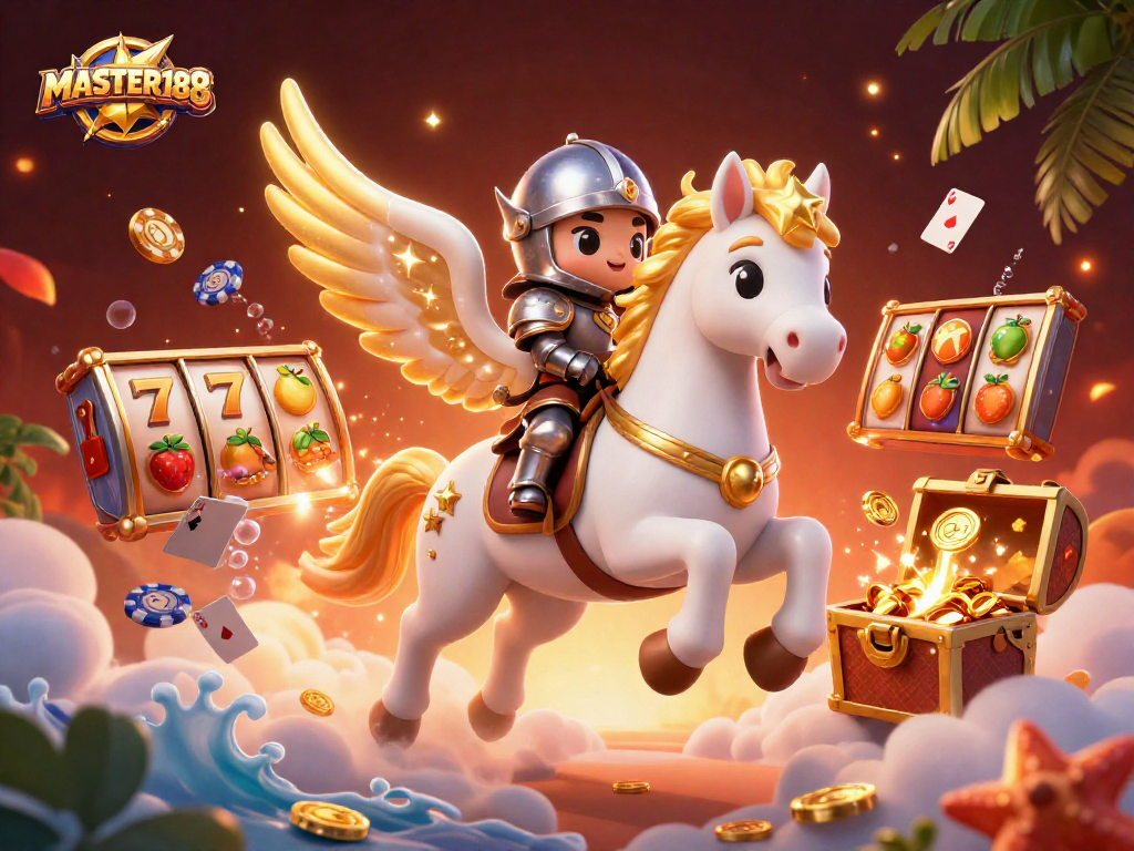 Experience the excitement of MASTER188 with vibrant slot elements and treasure in a dynamic 3D scene.