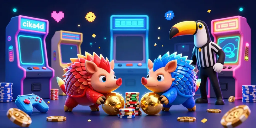 Cika4d pangolins bowling through poker chips in an animated 3D casino scene.