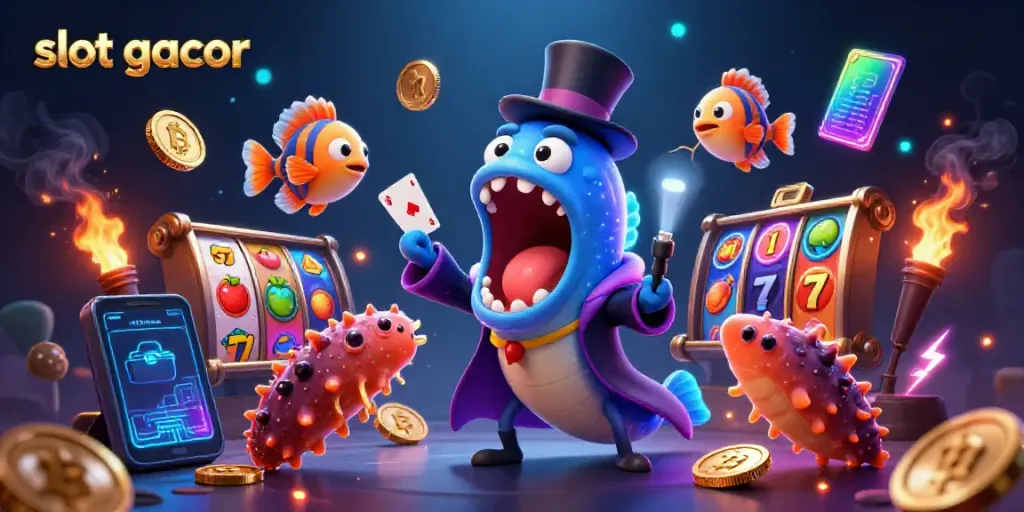 Experience exhilarating slot gacor moments with vivid characters performing magic in a vibrant casino scene.