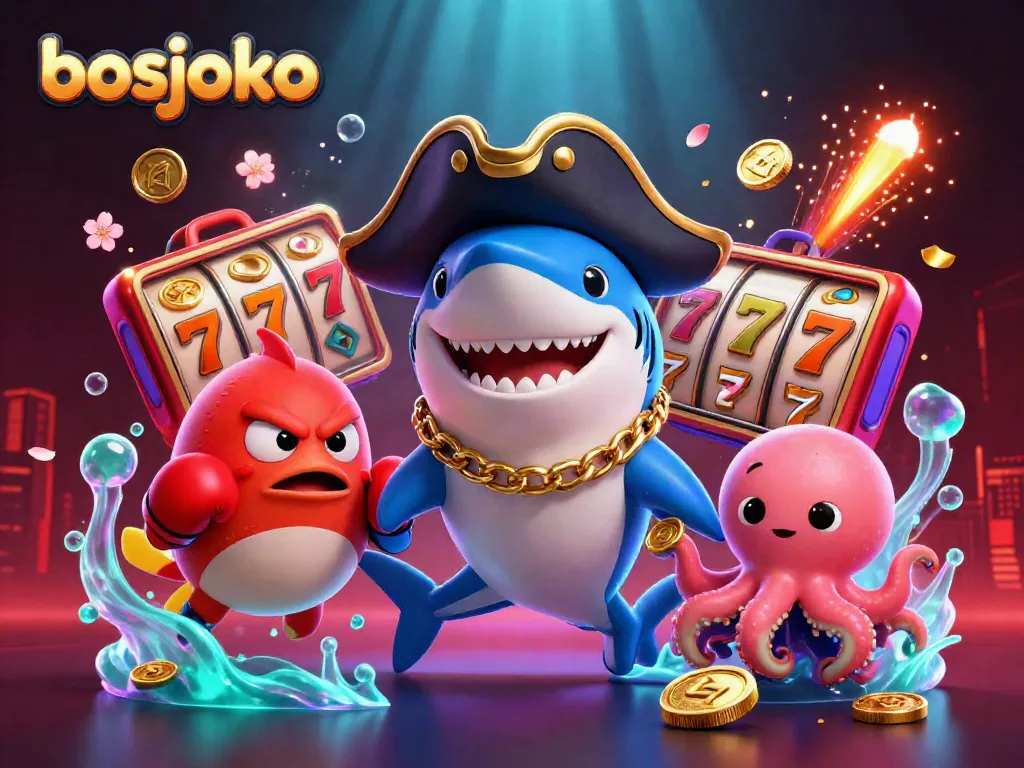Experience fun and excitement with bosjoko, featuring vibrant slot theme characters and dynamic gold elements.