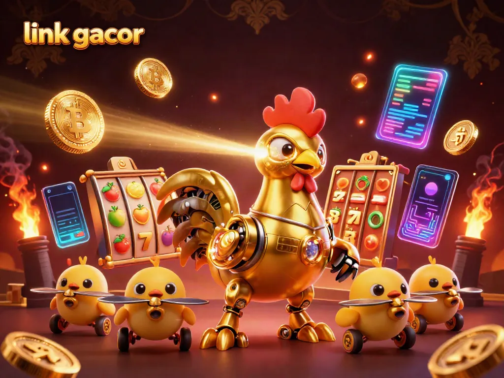 Engage with "link gacor" through a vibrant, ultra-detailed illustration featuring a golden rooster robot and slot reels.