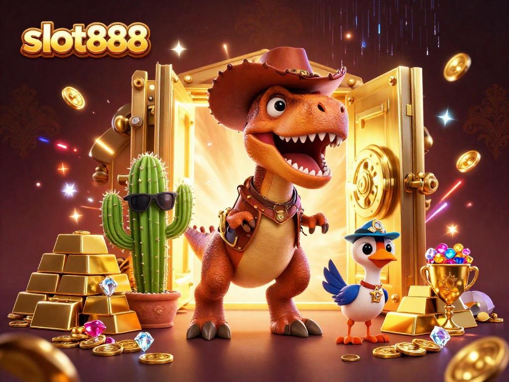 Slot888 menawarkan pengalaman menarik dengan dinosaur koboi dan karakter bertema kasino.