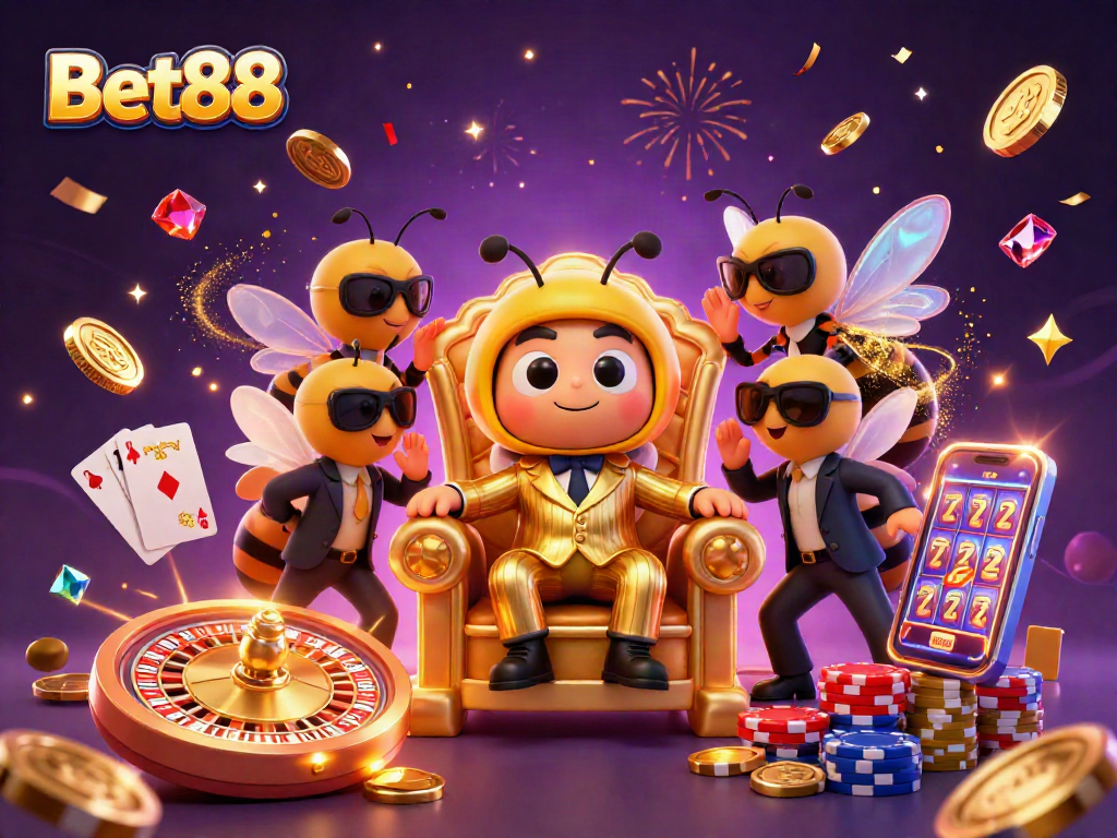 Bet88 cartoon illustration with a mob boss, wasp guards, and a butterfly in a casino setting.