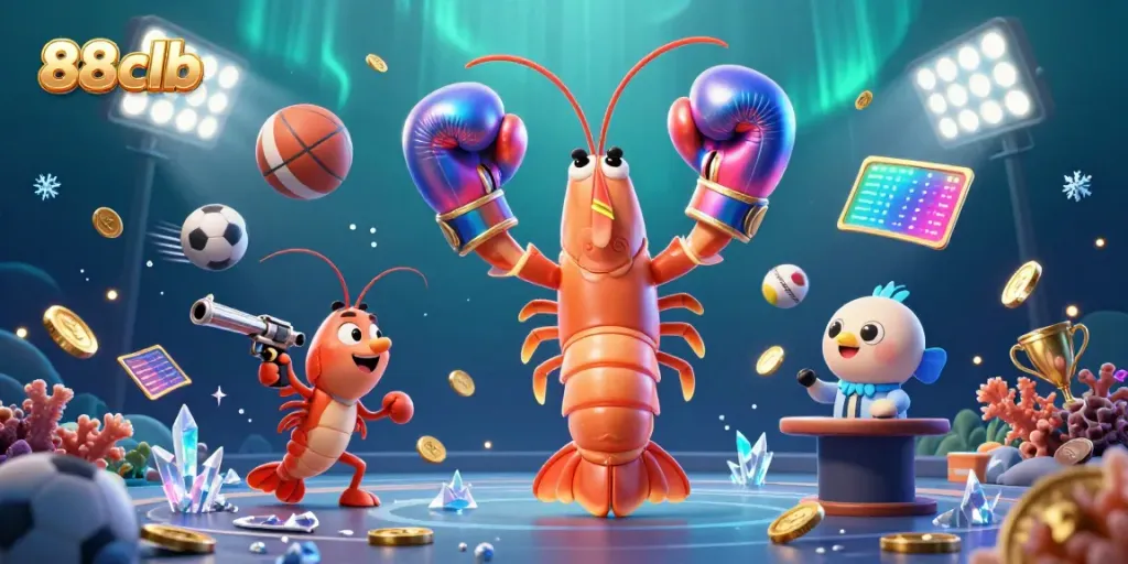 Bet on 88clb with an exciting 3D scene of gaming characters showcasing vibrant casino elements, trophy, and sports.
