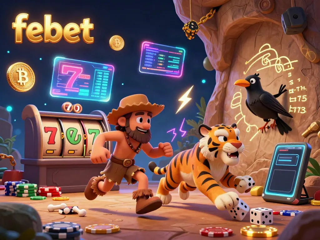 Play slots and poker at Febet’s unique prehistoric casino with vibrant characters and dynamic elements.