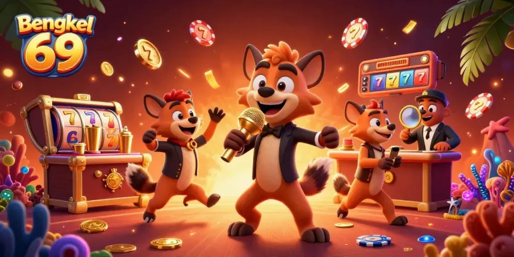 Experience thrilling gaming with Bengkel 69 at a vibrant casino featuring hyenas in action.