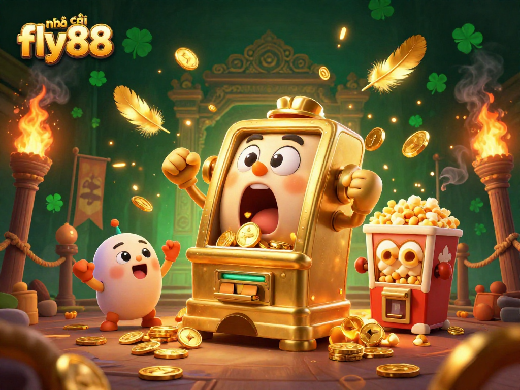 Experience the excitement of nhà cái fly88 as animated slot machines celebrate a jackpot.