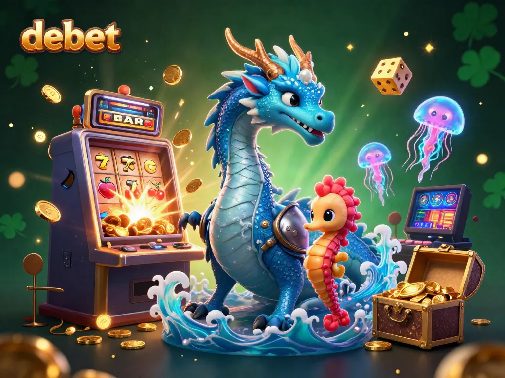 Engage with the vibrant debet casino scene featuring a slot machine, magical creatures, and jackpot excitement.