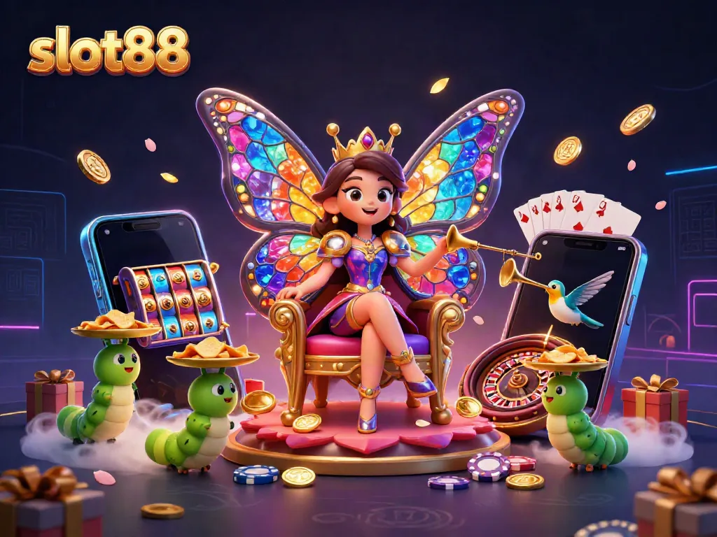 Menangkan jackpot besar di slot88 dengan ilustrasi ratu kupu-kupu dan chip emas di kasino.