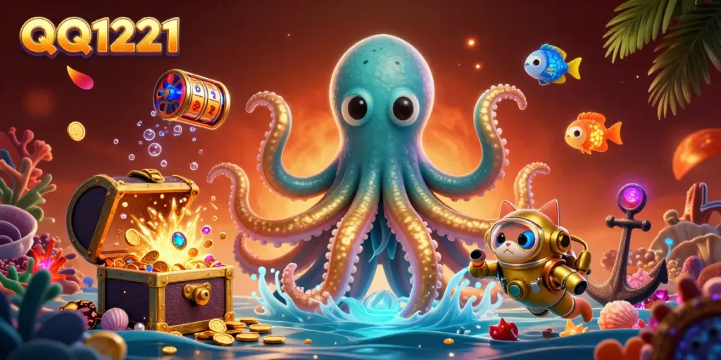 Engage with QQ1221's thrilling casino adventure featuring a kraken and diving cat amidst slot reels and treasures.
