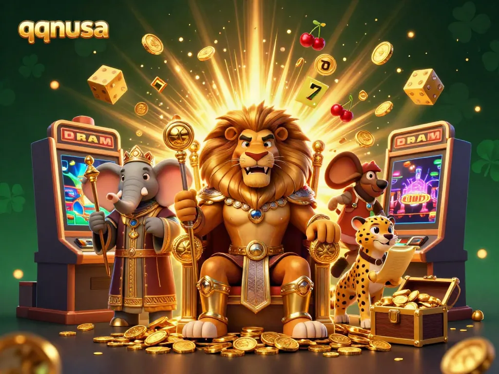 Experience the thrill of qqnusa with a vibrant 3D illustration showcasing a lion king amidst casino symbols, dynamic and rich in detail.