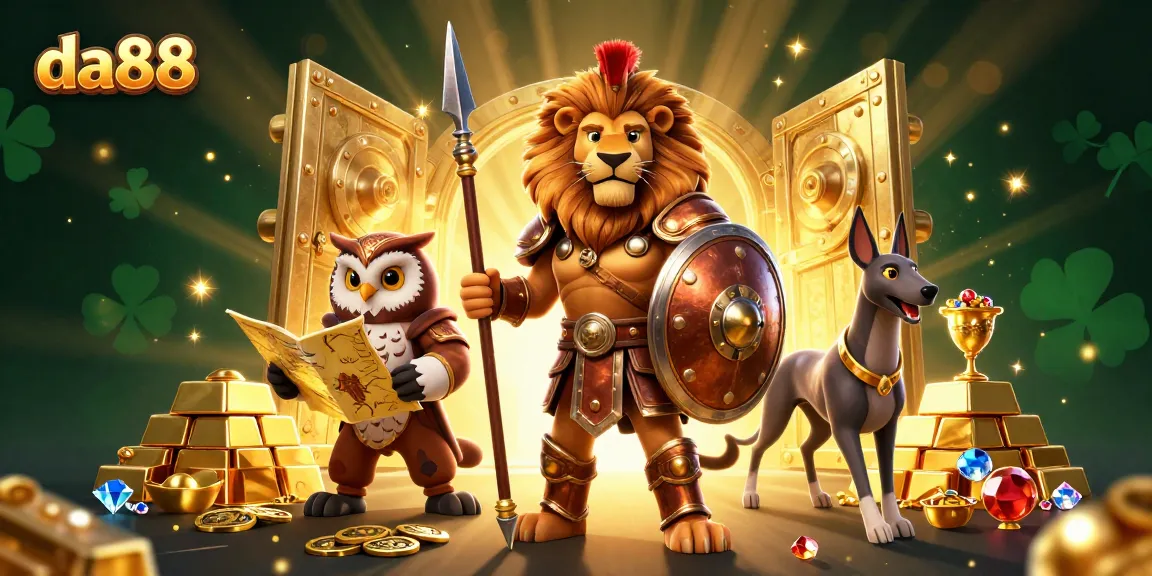 Join the da88 gamble with our vibrant 3D illustration of a Spartan lion and friends amidst a treasure vault.