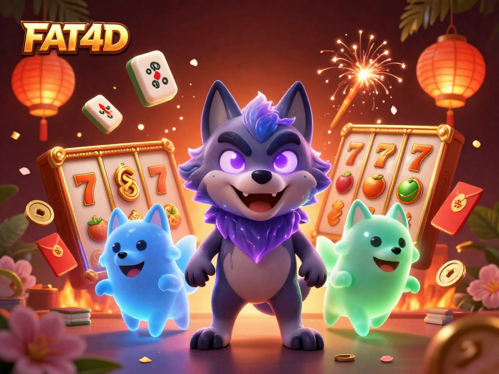 Experience winning at FAT4D with vibrant slot reels and ghostly wolves creating a legendary atmosphere.
