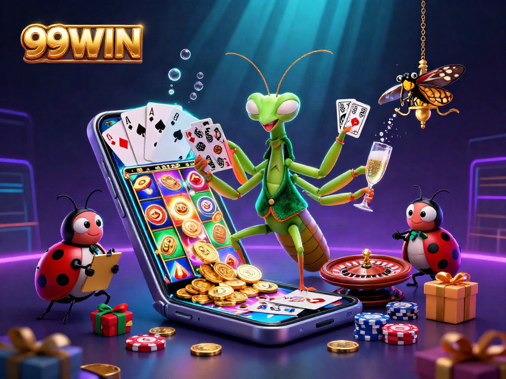 Experience the vibrant world of 99WIN with a dazzling 3D casino scene filled with characters and gaming action.