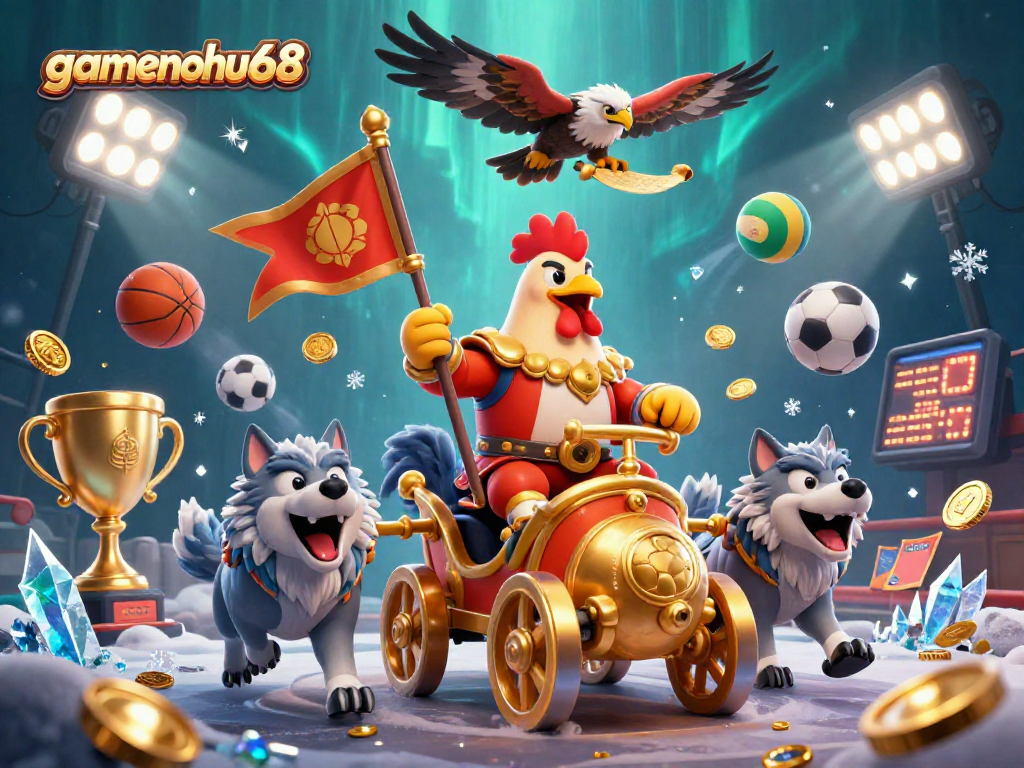 Engage with gamenohu68 in a vibrant gambling scene featuring a rooster warlord and explosive sports action.