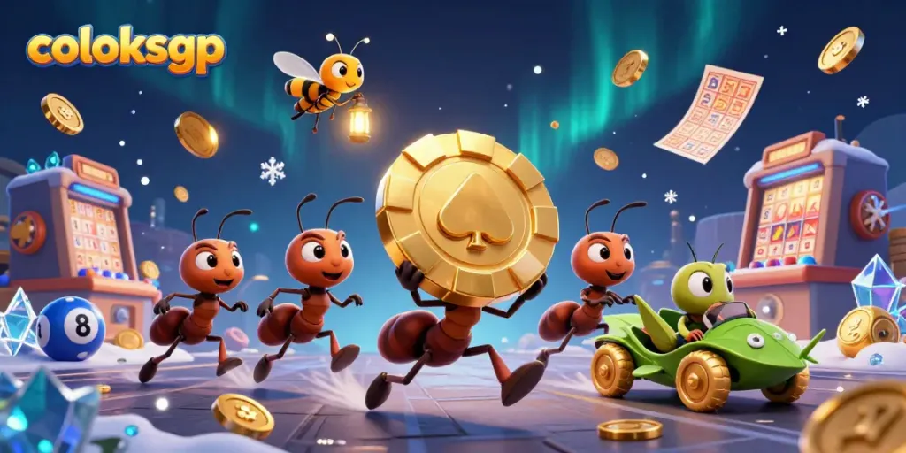 Coloksgp menyajikan ilustrasi 3D tim semut yang menjalankan aksi sambil membawa chip poker emas, dikelilingi elemen lotere yang dinamis.