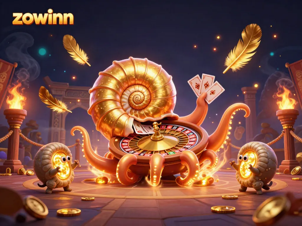 Zowinn showcases an adventurous scene featuring a giant nautilus roulette wheel and glowing ammonite companions amidst a vibrant casino atmosphere.