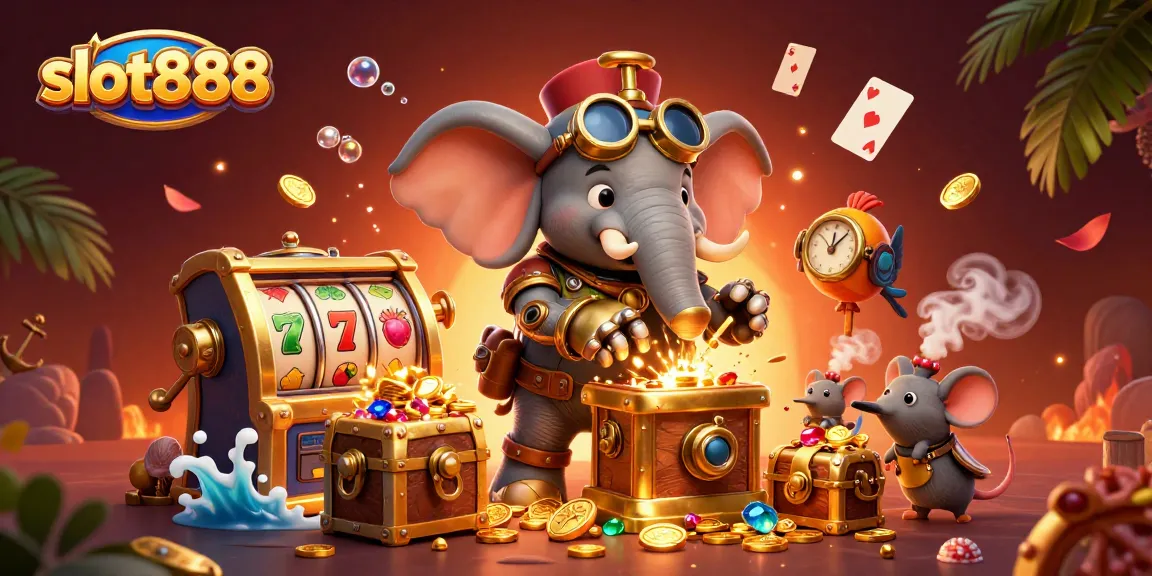 Spin the thrilling slot888 machine with the steampunk elephant engineer in a vibrant casino scene.