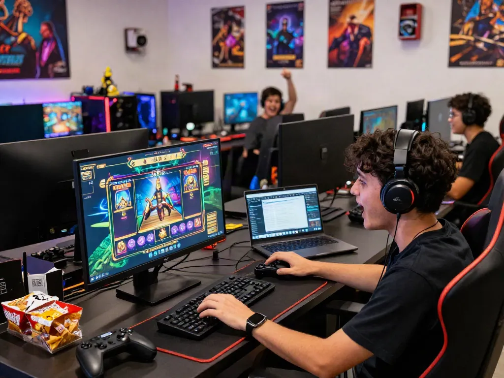 Excited gamer enjoying ทดลองสล็อต on a desktop setup, vibrant gaming room with colorful lights.